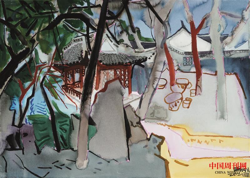 2021年周剛水彩畫——《綺園聽琴閣》尺寸75x105cm，2021年.jpg
